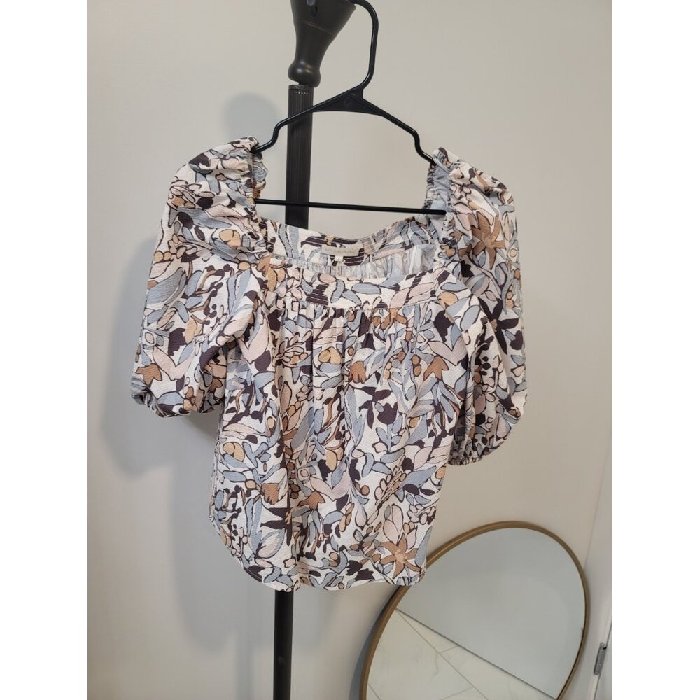 Ann Mashburn Nicolette Blouse Top Small Brown Abstract Floral Print New NWoT
